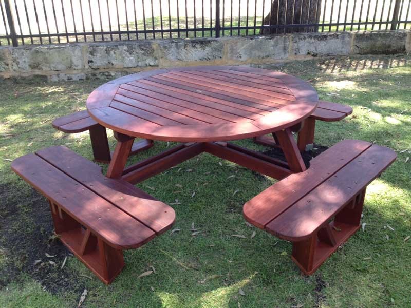Picnic Tables Lifestyle Jarrah, Round Outdoor Table With Bench Seats